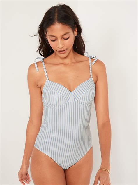 Old Navy - Tie-Shoulder Striped Seersucker Underwire One-Piece Swimsuit