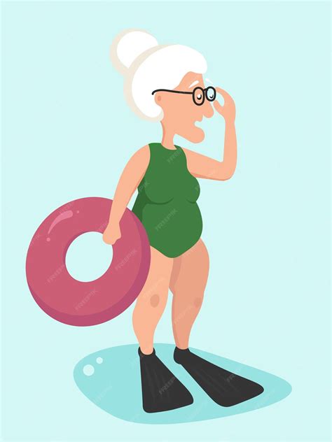 Premium Vector | An elderly woman in a bathing suit and a lifebuoy is