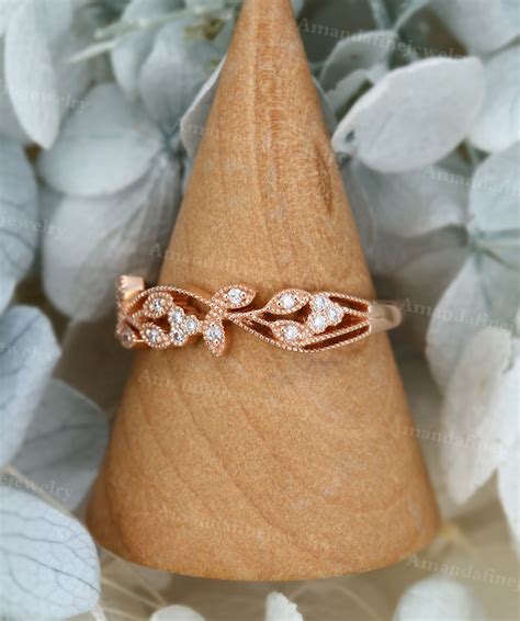 Rose Gold Wedding Band Vintage Floral Diamond Wedding Band - Etsy