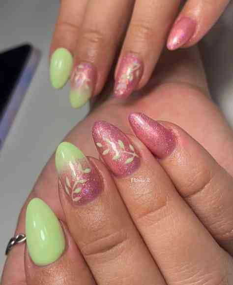 30+ Designs of The Hottest Green And Pink Ombre Nails Combo of the Summer