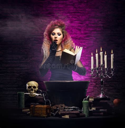 Young Witch Making Witchcraft in a Hallowen Dungeon Stock Photo - Image ...
