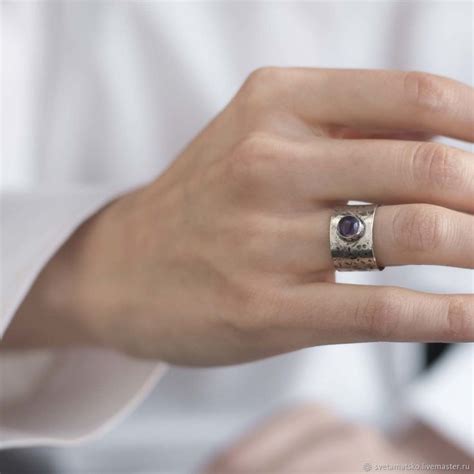 Серебряное кольцо с аметистом, широкое кольцо из серебра с аметистом в ...