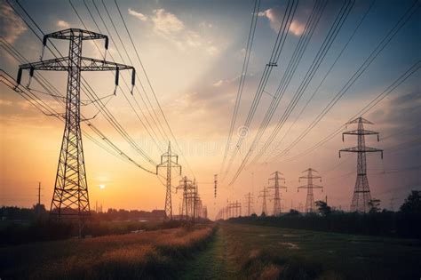 Power Transmission Grid in Rural Area with Dramatic Sunset. Stock ...
