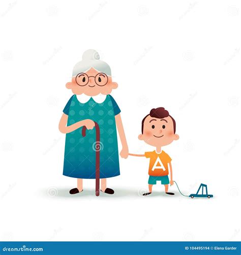 Grandmother And Grandson Holding Hands. Little Boy With A Toy Car And