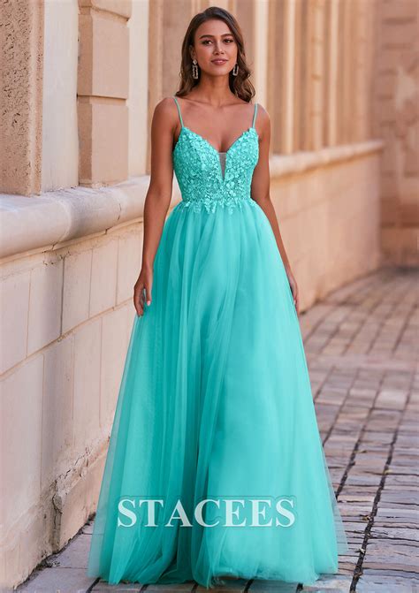 A-line V Neck Tulle Floor-Length Prom Dress with Appliqued S8418P