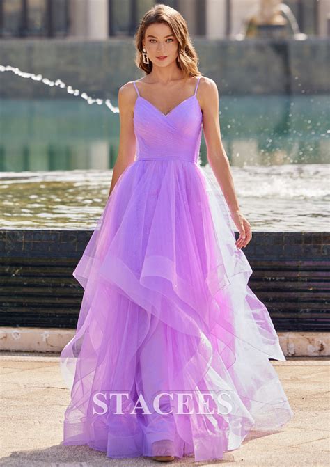 A-line Princess V Neck Sleeveless Floor-Length Tulle Prom Dress with