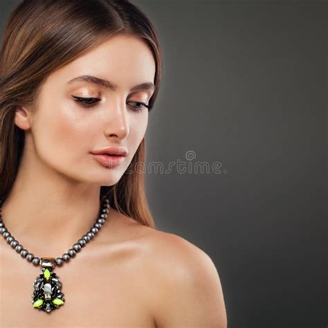Portrait of Perfect Girl with Grey Pearls Necklaces Stock Photo - Image ...