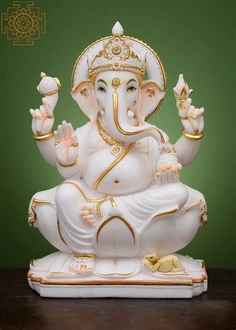 18" Lord Ganesha Seated on Lotus | Handmade | White Marble Ganesh ...