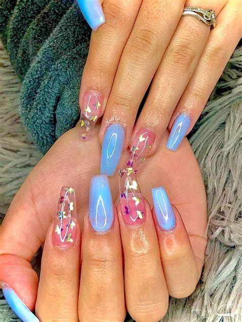 Baby Blue Coffin Nails with Butterflies | Blue coffin nails, Bling ...