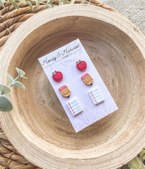 school teacher apple pencil paper clay earring studs etsy