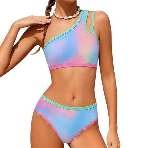 Girls One Shoulder Two Piece Swimsuit – Color Block Bikini with Chest