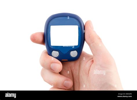 Hand holding glucometer with blank display isolated on white background ...