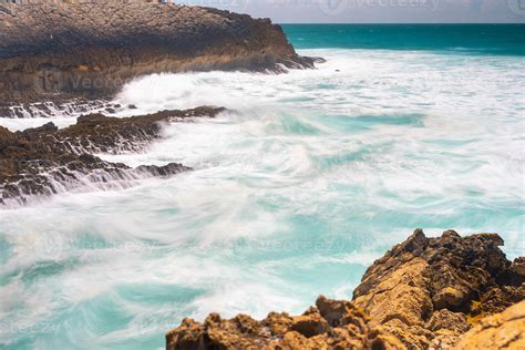 Atlantic ocean. Stormy summer day Big sea wave on rocky beach. Beaty in