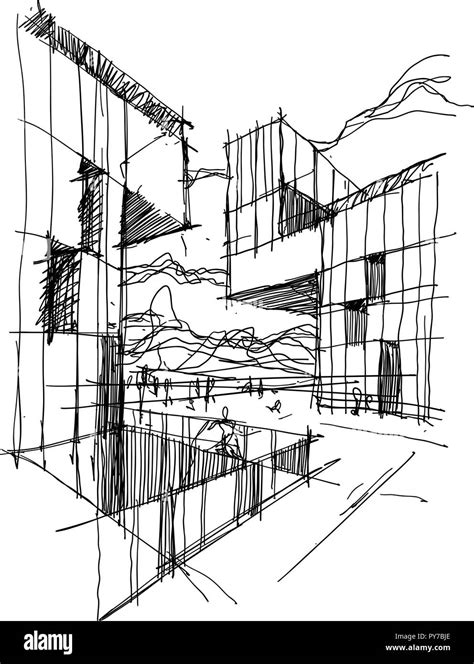 hand drawn architectural sketch of a modern abstract architecture with ...