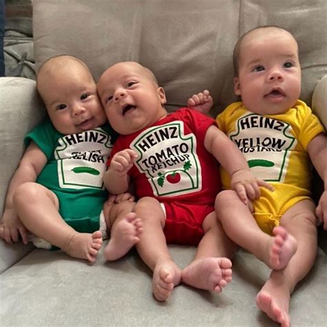 Cute Triplets in Heinz Ketchup, Mustard, and Relish Onesies