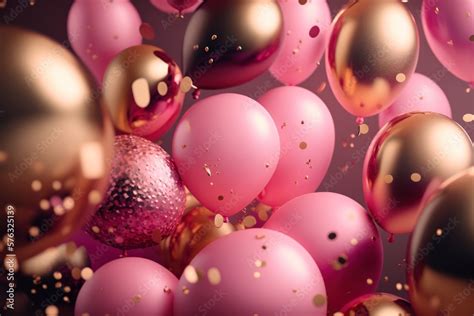 Background of festive pink balloons. Photorealistic drawing generated ...