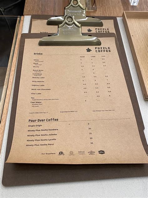 Menu at Puzzle Coffee cafe, Melbourne