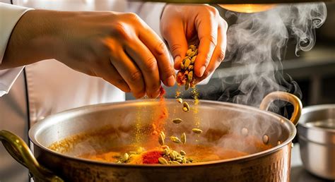 chef adding spices  boiling curry cooking process indian cuisine