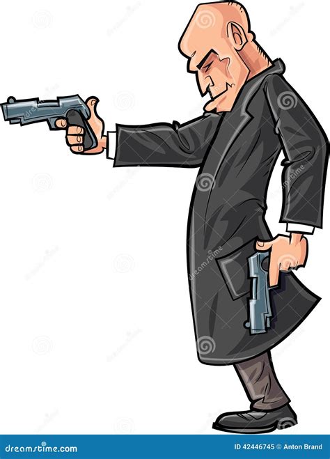 Cartoon Bald Gun Man Pointing His Gun Stock Illustration - Illustration