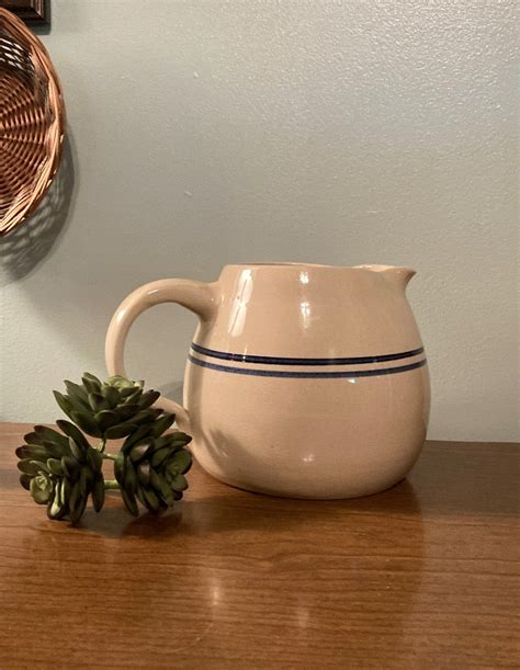 Vintage Marshall TEXAS Pottery Blue Stipes Handmade Stoneware Pitcher