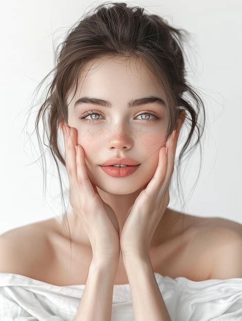 young woman  natural makeup   serene expression poses