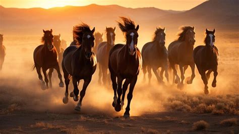 Premium AI Image | beautiful wild horses running in the field at sunset