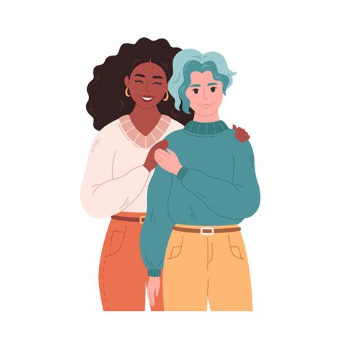 Lesbian couple hugging and smiling. Sweetheart couple together. LGBT