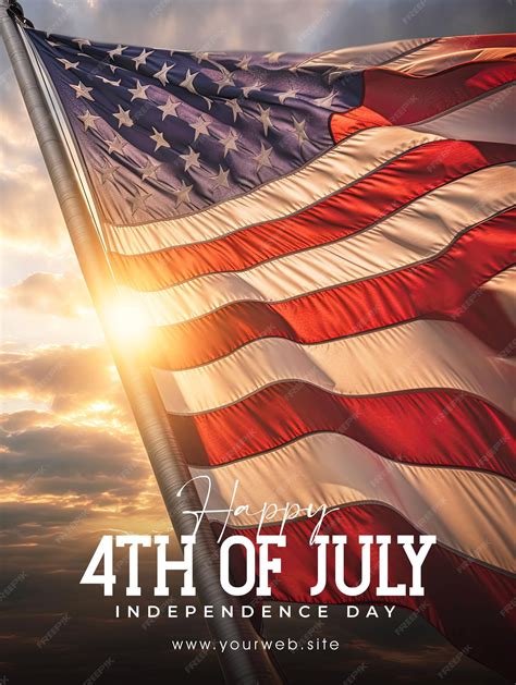 A happy 4th of july poster with an american flag in the background