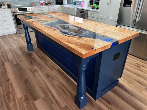 Hardwood Epoxy Resin Ocean Theme Kitchen Island Top, Countertop, Bar