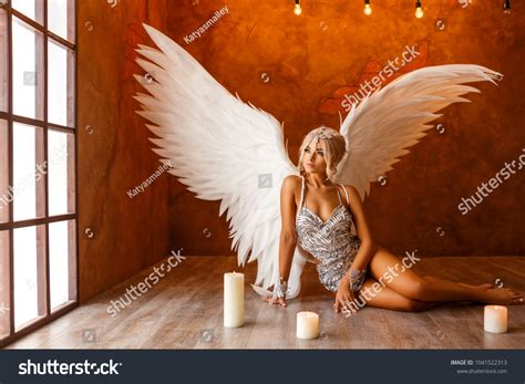 Portrait Beautiful Woman White Angel Wings Stock Photo 1041522313 ...