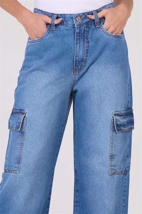 Calça Cargo Jeans Azul - Calça Jeans Wide Leg Cargo Azul Médio F2911 - Oxiblue Jeans