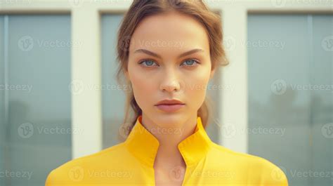 Beautiful girl, French model, dark hair, in yellow clothes. Supermodel