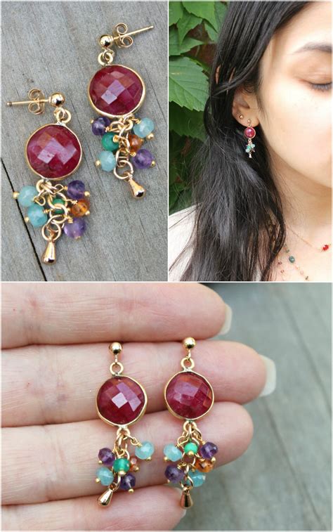 Gemstone Earrings Dyed Ruby & Multi Gemstone Bead Cluster - Etsy