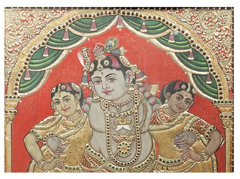 Lord Krishna with Rukmini and Satyabhama Tanjore Painting | Traditional ...