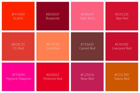 shades  red names hex rgb cmyk codes home design