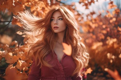 Premium AI Image | beautiful woman with red hair in autumn leaves