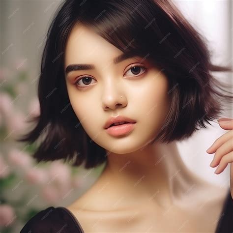 Premium AI Image | Beautiful close up young woman face portrait short ...