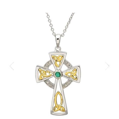 Trinity Knot Diamond & Emerald Silver Celtic Cross Pendant – british