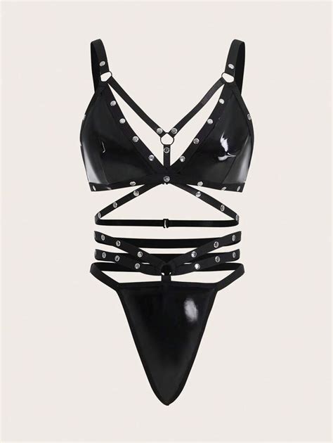 romwe goth studded detail harness lingerie set shein usa