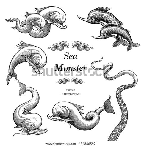 Sea Monster Illustrations Vintage Style Stock Vector (Royalty Free) 434866597