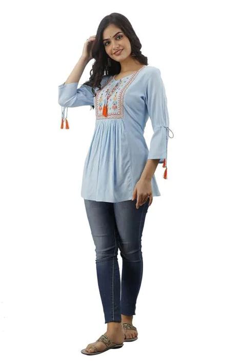buy dmp fashion womens rayon classic heavy embroidery top  beautifull tassels  front