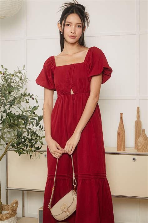 Origami Pleat Pouf Sleeve Dress in Red - TheVelvetDolls