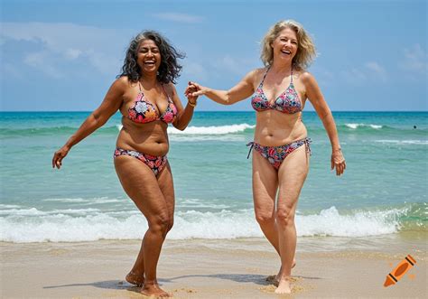 joyful mature women  patterned bikinis dance   sunny beach