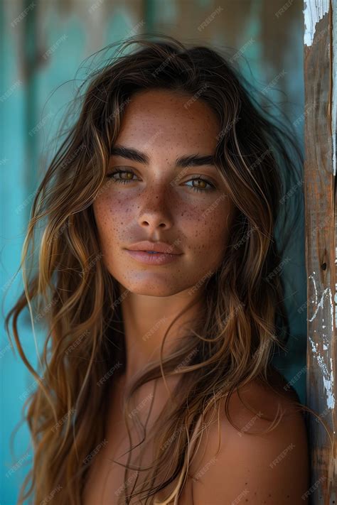 Woman freckles tan top posing hair spread out perfect face olive skin