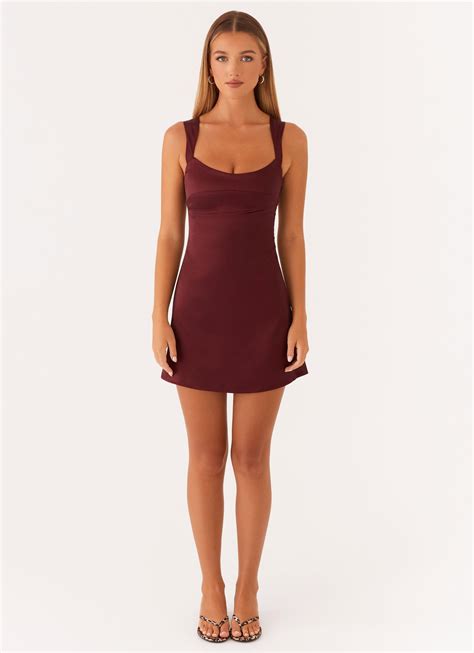 Odette Satin Mini Dress - Burgundy – Peppermayo
