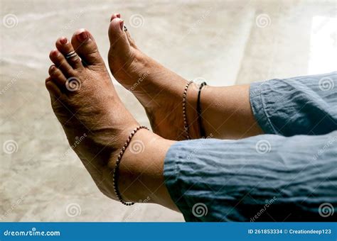 Closeup of an Indian Woman`s Rough Bare Feet. Selective Focus Stock