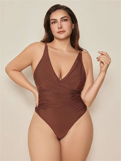 Plus Size One-Piece Swimsuit With Criss-Cross Pleated Detail