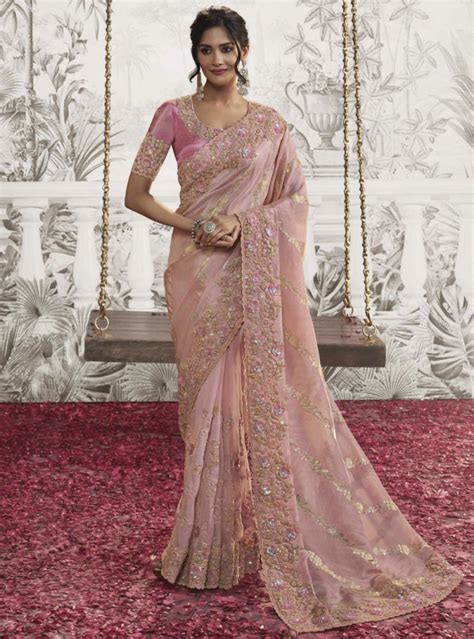 pink fancy silk wedding reception wear saree ready  ship sarees