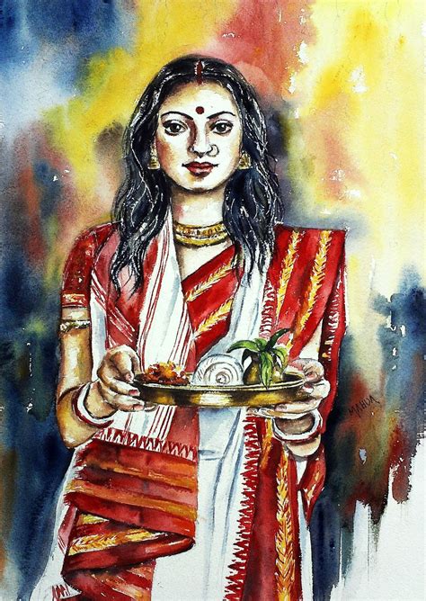 Traditional Bengali Indian Lady in Saree Painting by Mahua Pal