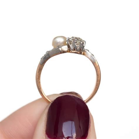 Diamond and Pearl Rose Gold Platinum Engagement Ring For Sale at